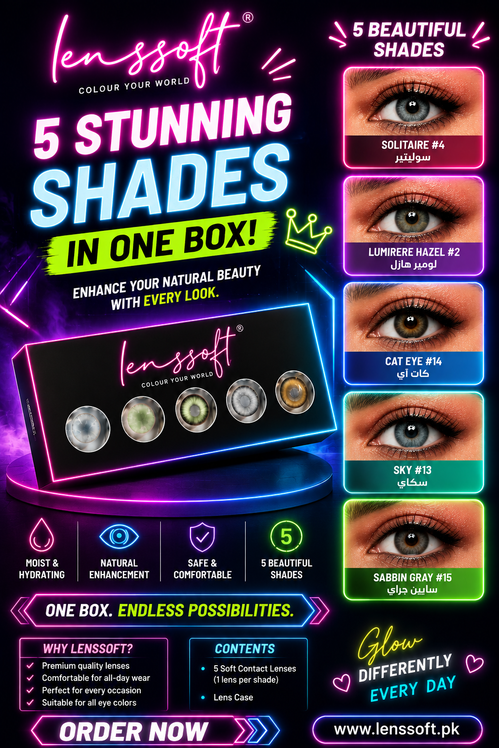 PACK OF 5 STUNNING SHADES ♥️ (Solitaire+ Sky +Cateye+Lumrere Hazel+SabrinGrey) 🔥BUY 2 GET 3 FREE🔥